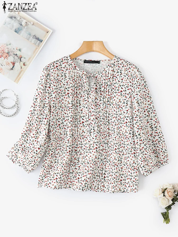 ZANZEA 2025 Camicie estive da donna Camicetta con stampa floreale bohemien Top Moda fasciatura pieghettata Casual Manica 3/4 Vintage Blusas Femme