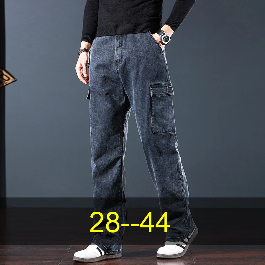 

44 Plus Size Jeans Men Denim Pants Big Pocket Moto Biker Jeans Fashion Casual Straight Jeans Pants Male Big Size