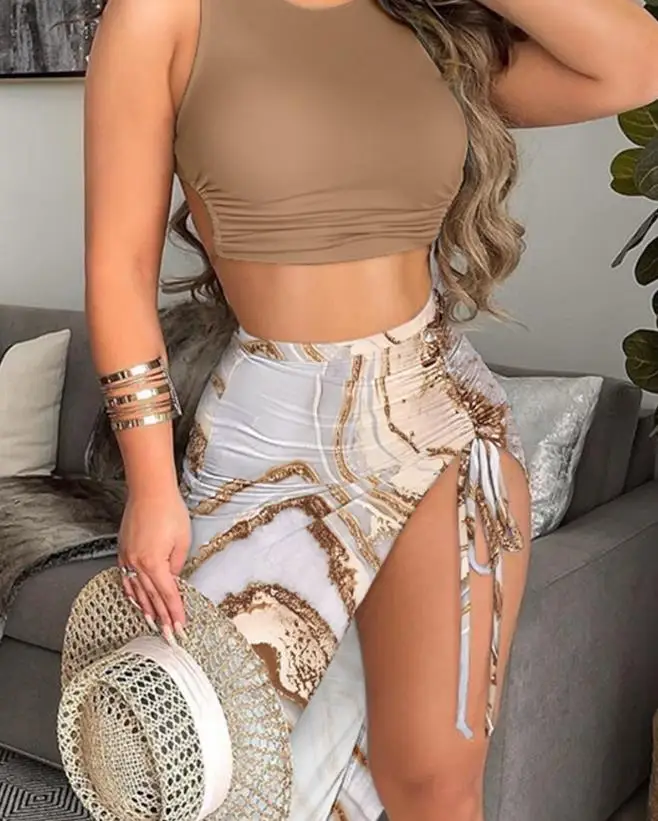 Women's Skirt Set 2023 Summer New Fashion Sexy Casual Hot Drawstring Ruched O-neck Top & Marble Print Slit High Waist Skirt Set