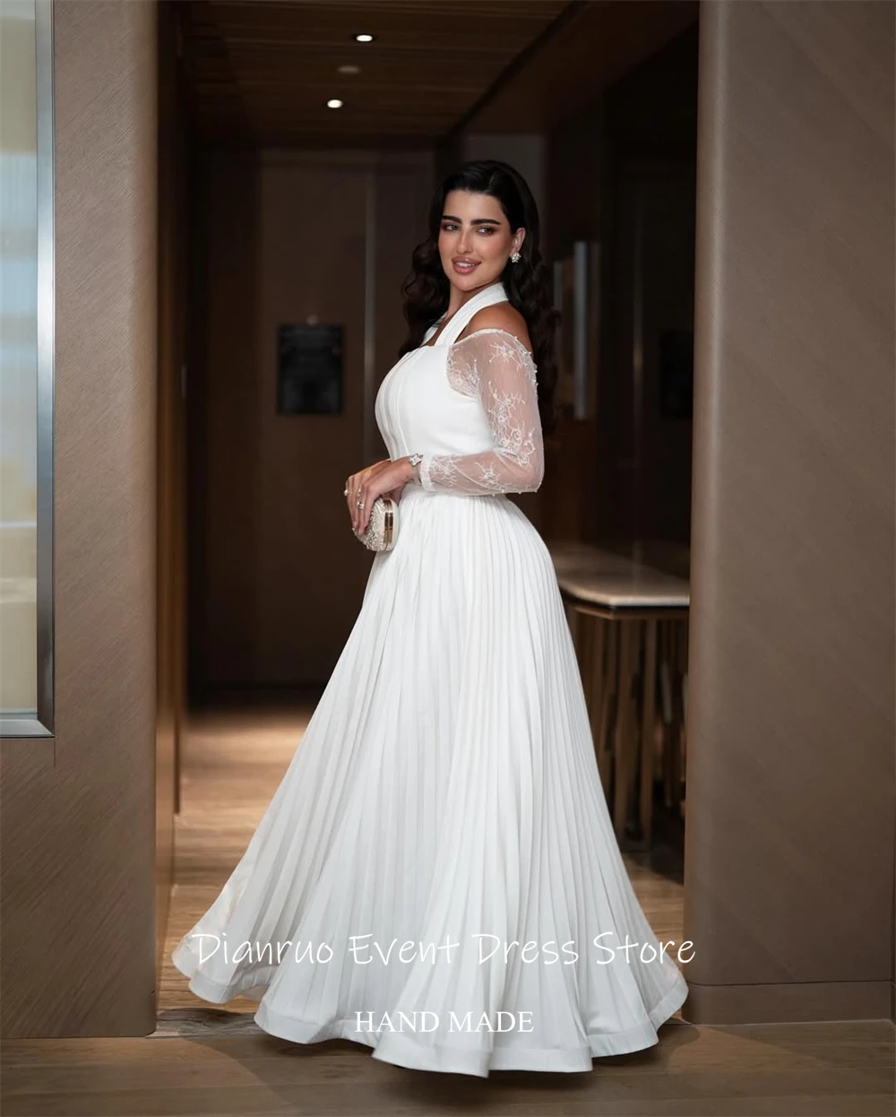 فستان سهرة Dianruo برقبة رسن على شكل حرف A مطوي وأكمام من الدانتيل رداء De Soirée Abendkleider دبي فيستدو دي فييستا مخصص