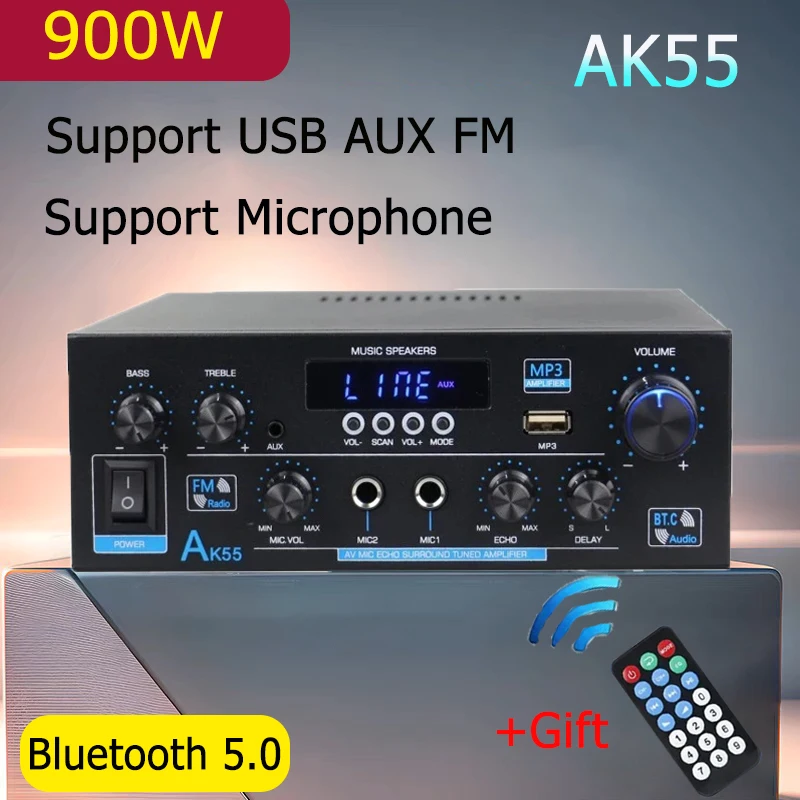 

Усилитель звука AK55 HiFi, 2,0 каналов, Bluetooth, поддержка FM, USB, дистанционное управление, 900 Вт, домашние цифровые Усилители звука