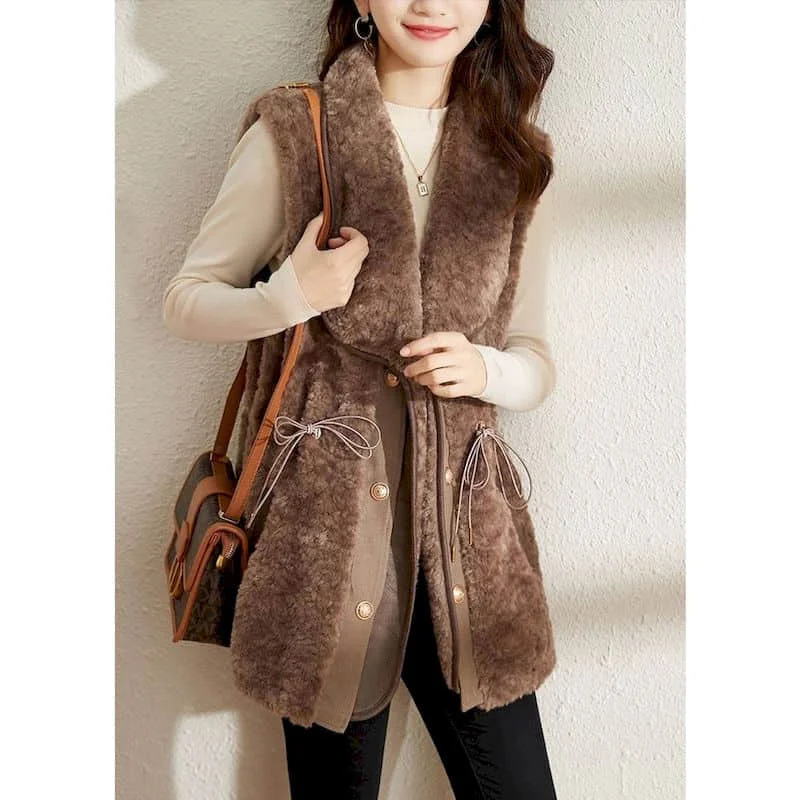 Plush Waistcoats for Women Lapel Mid-Length Fleece Vests Casual Sleeveless Cardigans Oversized Winter Jackets Loose Women Tops