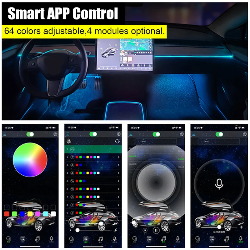 Para Tesla Model 3 Y Luzes Ambientais LED Tiras Neon Iluminação Car Center Console Painel Pé APP Controle Interior Acessórios