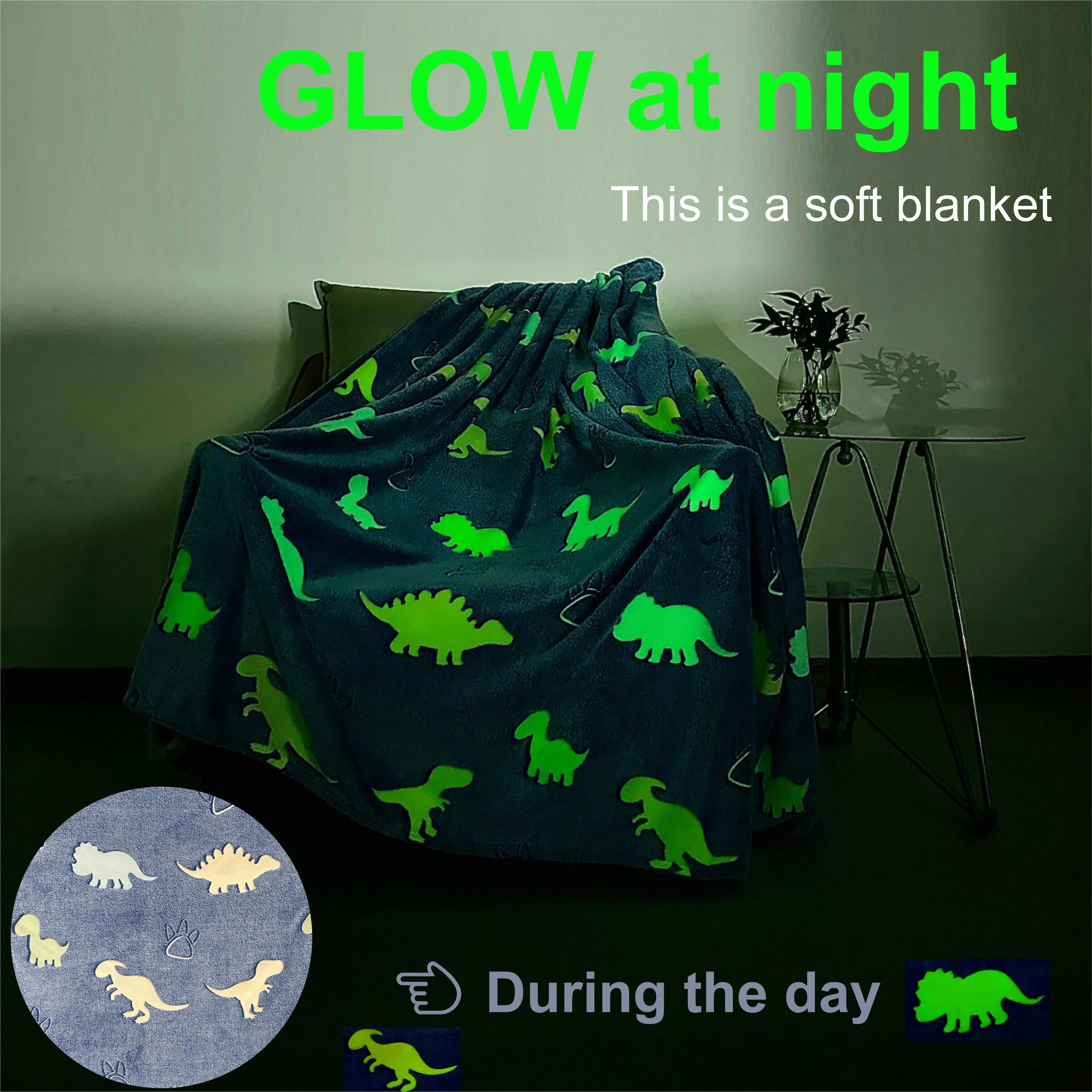 Glow in the Dark Dinosaur Flannel Throw Blanket Soft and Cozy Blue Luminous Blanket for Bedroom Living Room and Office