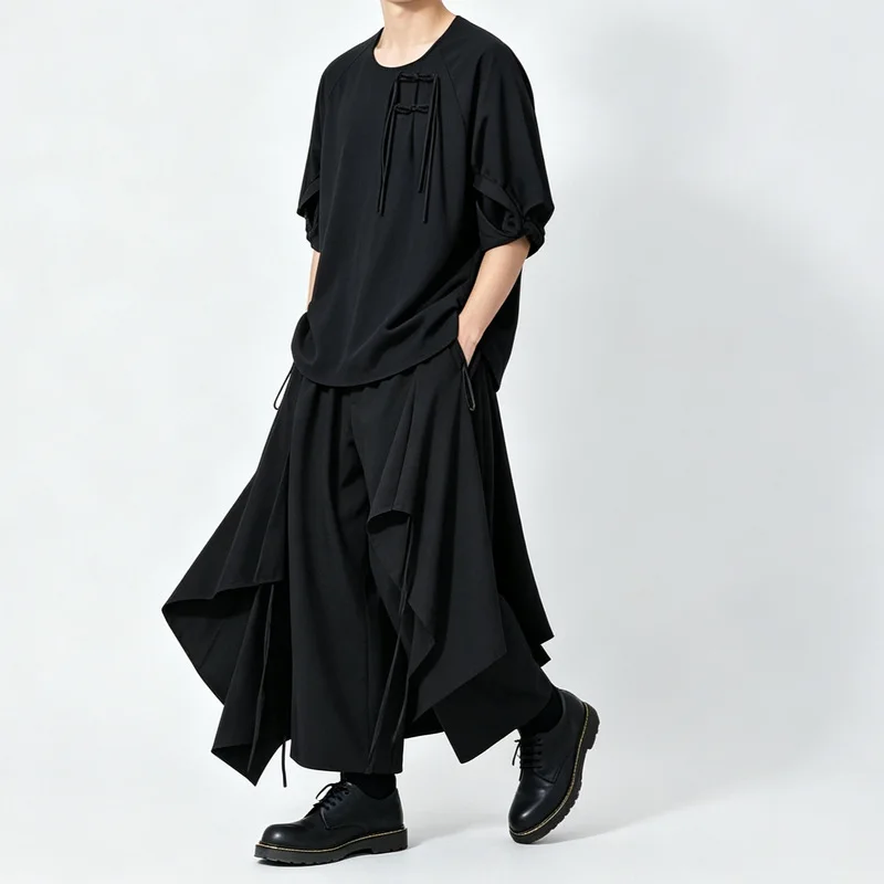 Men'S Casual Pants, Asymmetrical Wide-Leg Culottes, Loose Fit, High-Waisted, With Drawstring, Cropped Length, A151