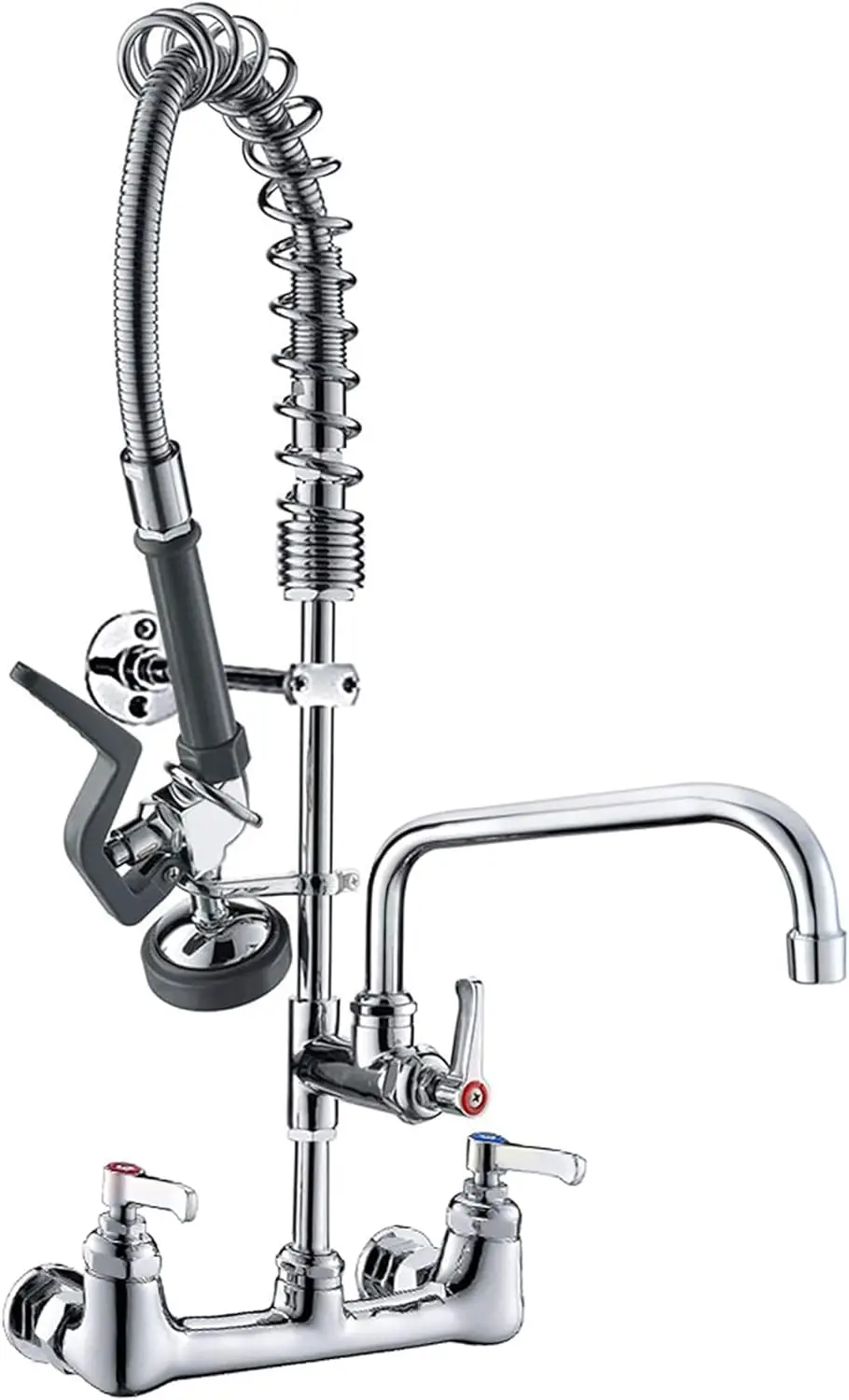 

Wall Mount Kitchen Sink Faucet, Brass Polished Chrome Pre-Rinse Sprayer 25" Height 8" Center