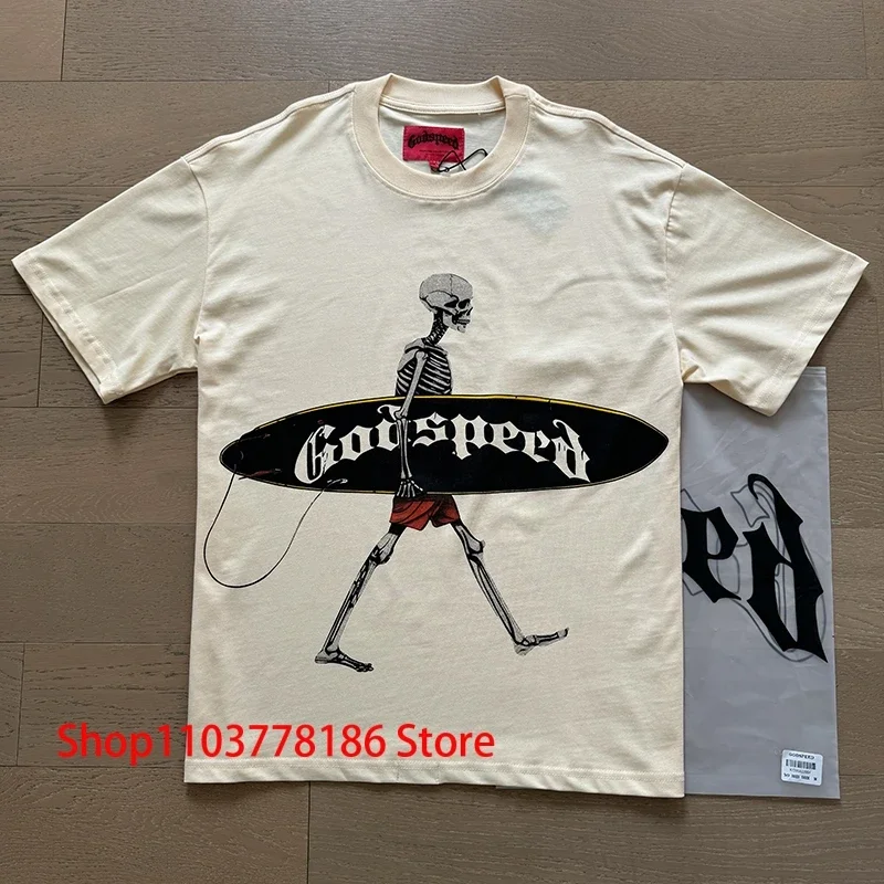 Godspeed T-shirt Short Sleeve Skull Skate Print American Streetwear Men's Women's Casual Cotton Sweatshirt Tees Real Photo