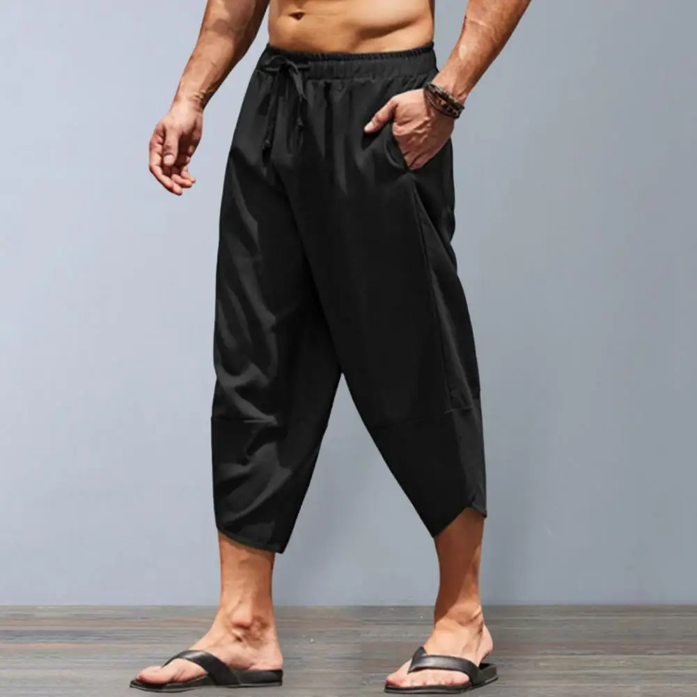 Men Cropped Pants Elastic Waistband Baggy Pants Drawstring Pockets Men Harem Pants Mid-Calf Length Summer Beach Short Trousers