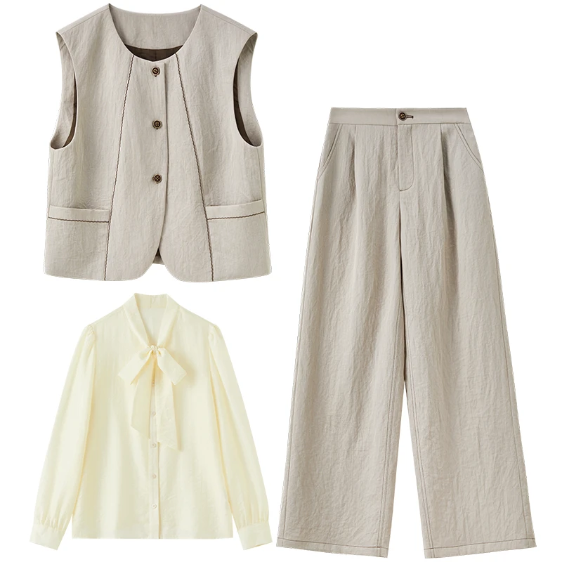 SENTUBILA 3 Piece Pants Set for Woman Office Outfits 2025 Spring Autumn Waistcoat + Tie Blouse + Elastic Waist Pants W53ZA2568