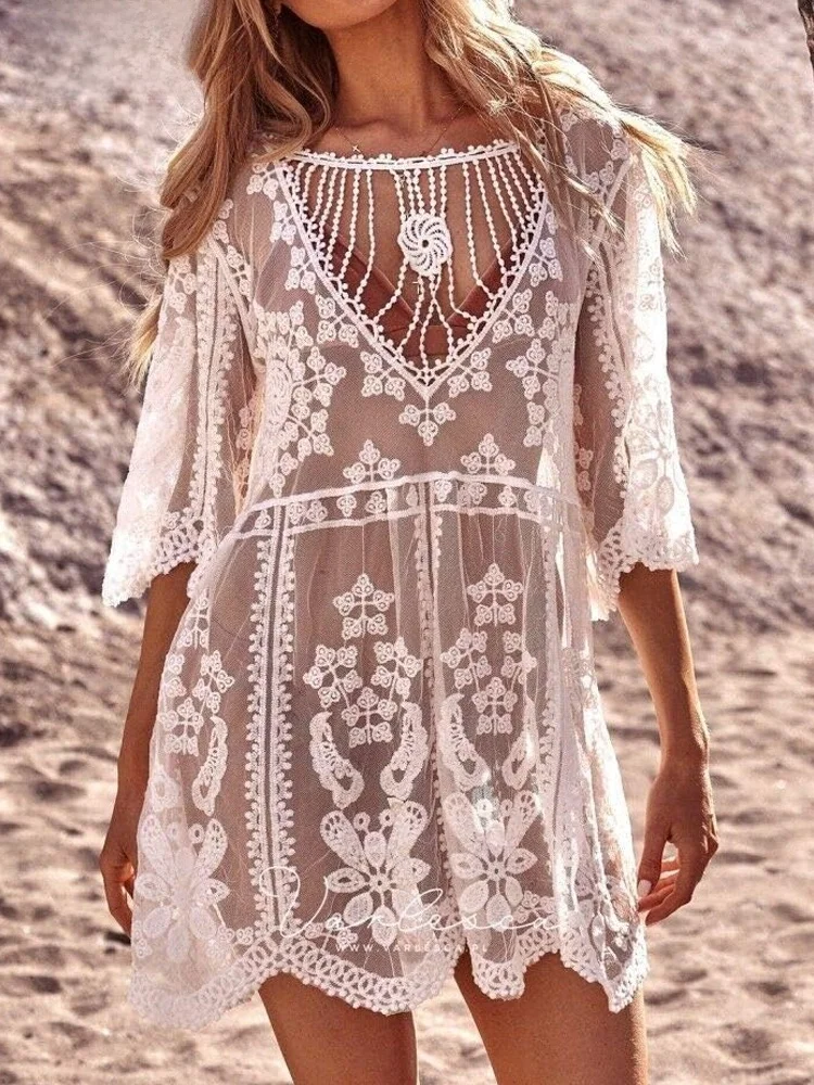 

Пляжное парео-накидка для женщин, водонепроницаемое, с кружевными вставками, для отпуска на пляже и термальных источников