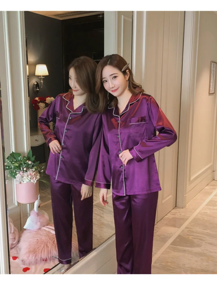 new Women Comfortable Pyjamas 3XL 4XL 5XL Long Sleeve Casual Homewear Spring Solid Pajama Sets Silk Satin Sleepwear Set