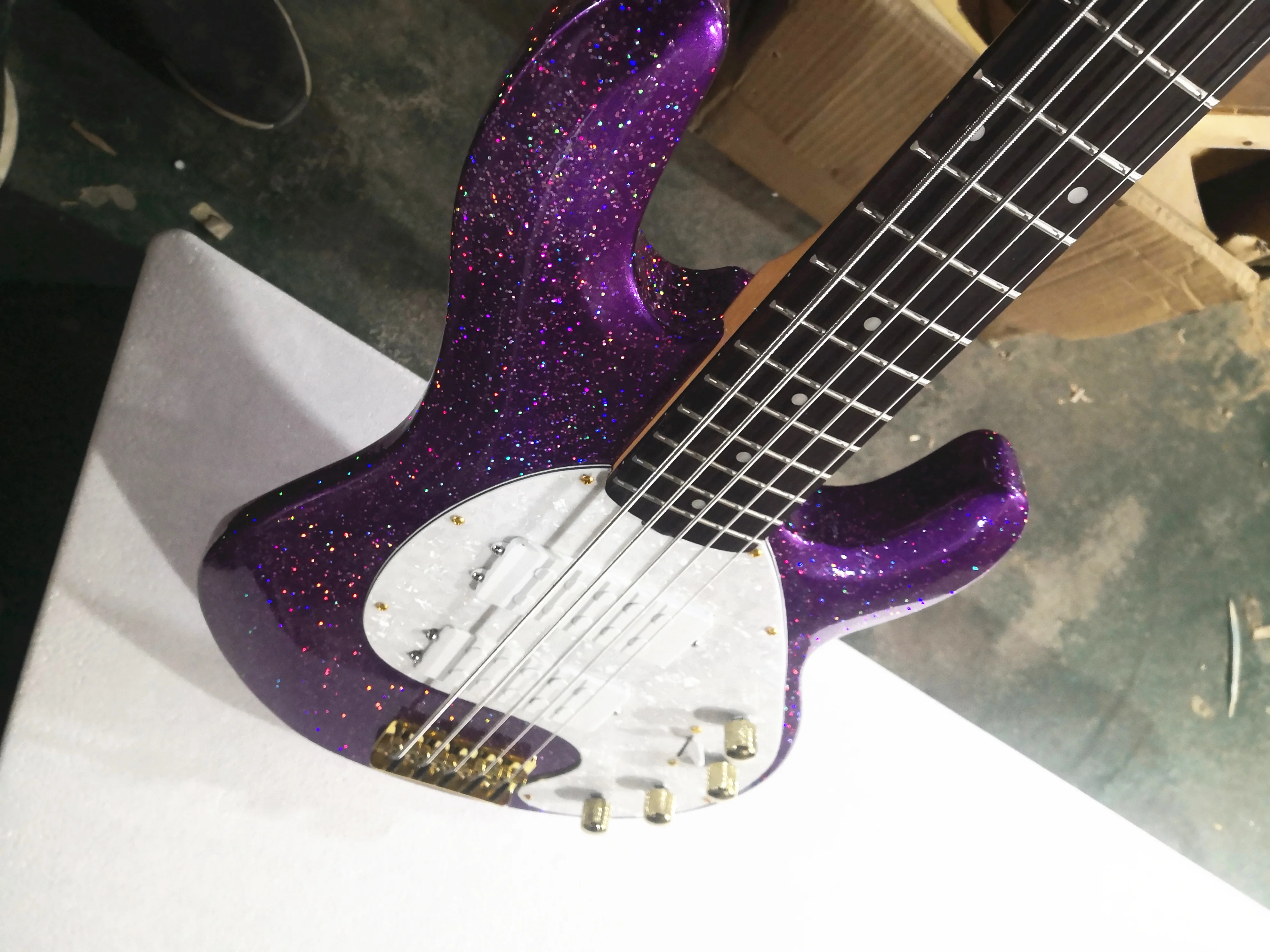 Custom 5 string electric guitar bass Purple silver powder particles HH pickups,white pearl  pickguard,active battery