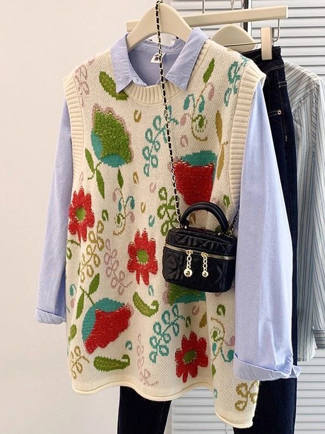 Loose Knitted Vest Women's Fashion Spring Autumn Layering Slimming Short plus Size Embroidered Outerwear Polyester Blend