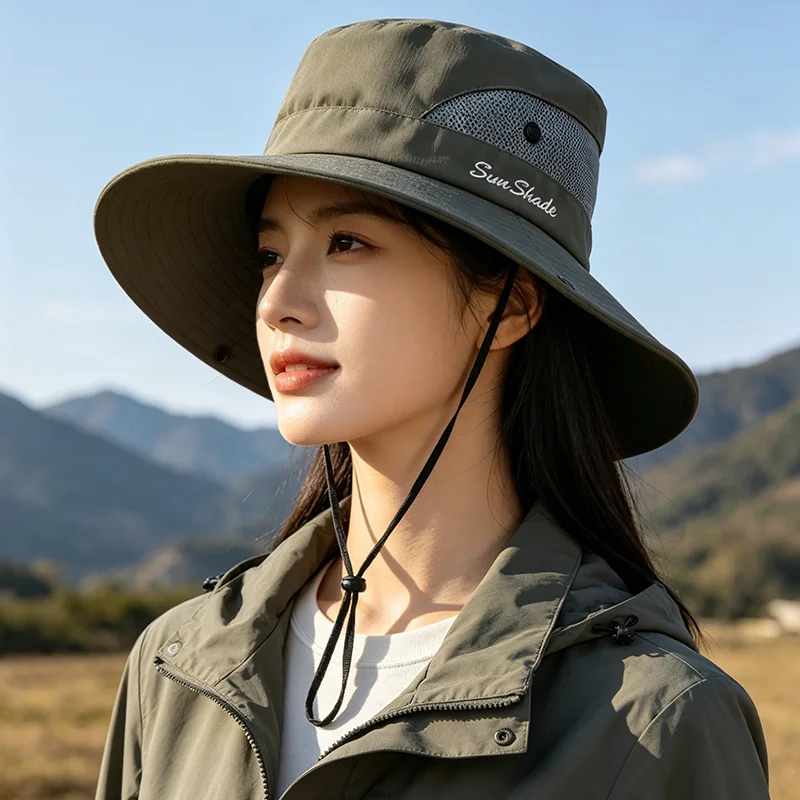 Ponytail Fisherman Hat Women Wide Brim Waterproof Outdoor Travel Folding Sun Caps Mesh Breathable Fishing Climbing Bucket Hat