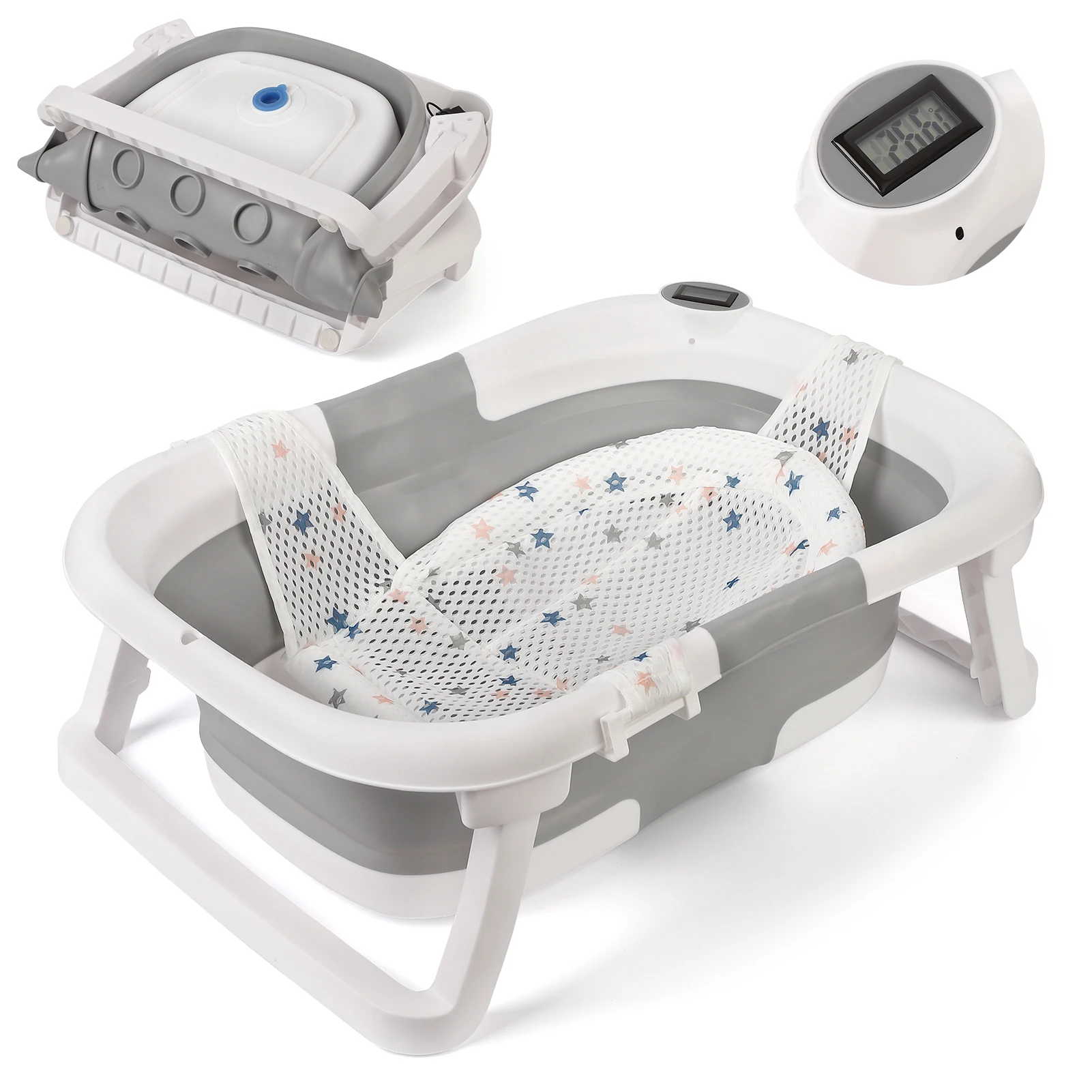 Vasca da bagno per bambini, vasca da bagno salvaspazio e pieghevole con termometro, cuscino da bagno antiscivolo e foro di scarico per neonati e bambini piccoli