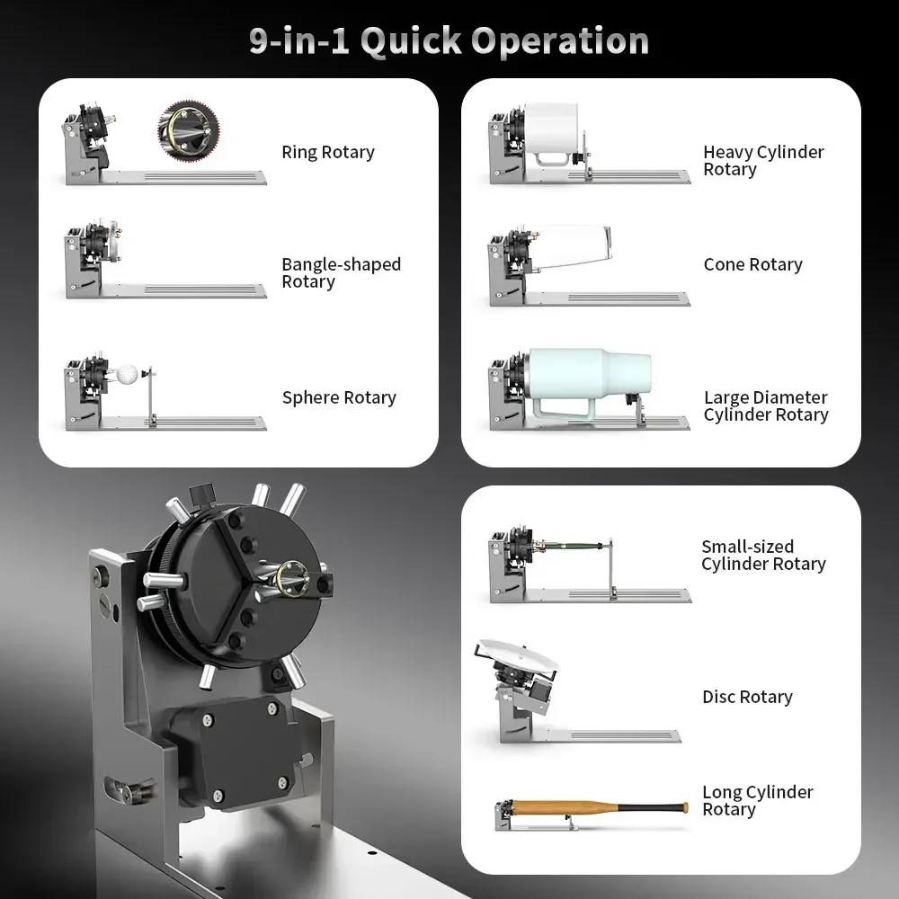 NEJE laser engraving machine rotary roller chuck R6-A axis 360° rotation, 9 in 1 multi-function, wide compatibility
