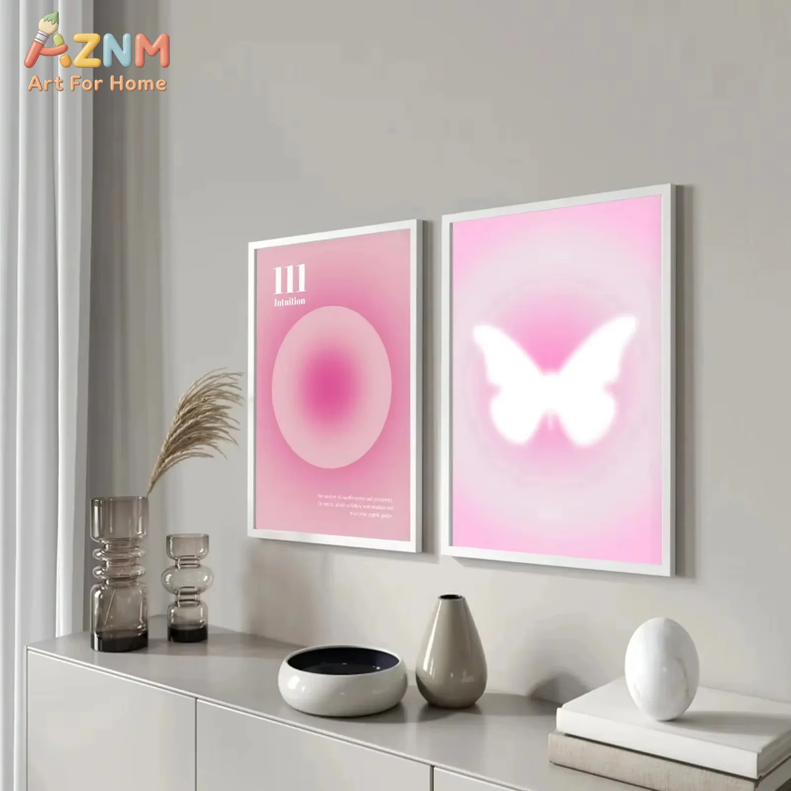 AZNM Pink Gradient Aura Butterfly Numeral Canvas Wall Art Trendy Abstract Spiritual Print Unframed Canvas Painting for Bedroom A