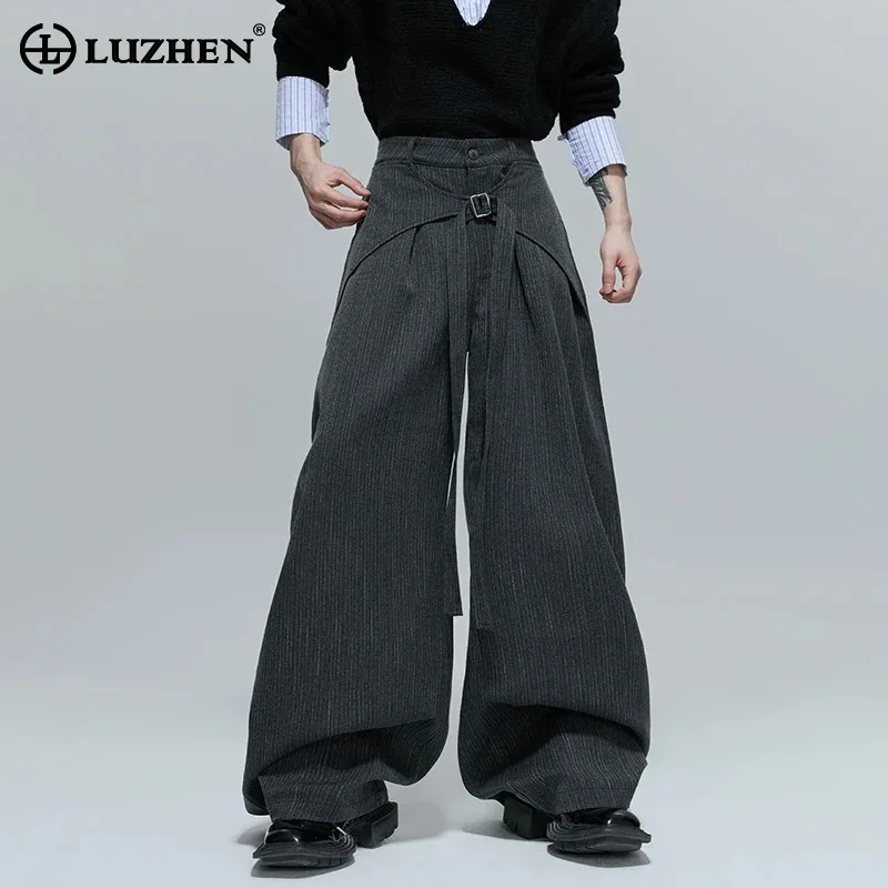 

LUZHEN оригинальные лоскутные ленты на талии, свободные широкие повседневные брюки, мужские брюки 2025 года, новые однотонные уличные мужские брюки JY4821
