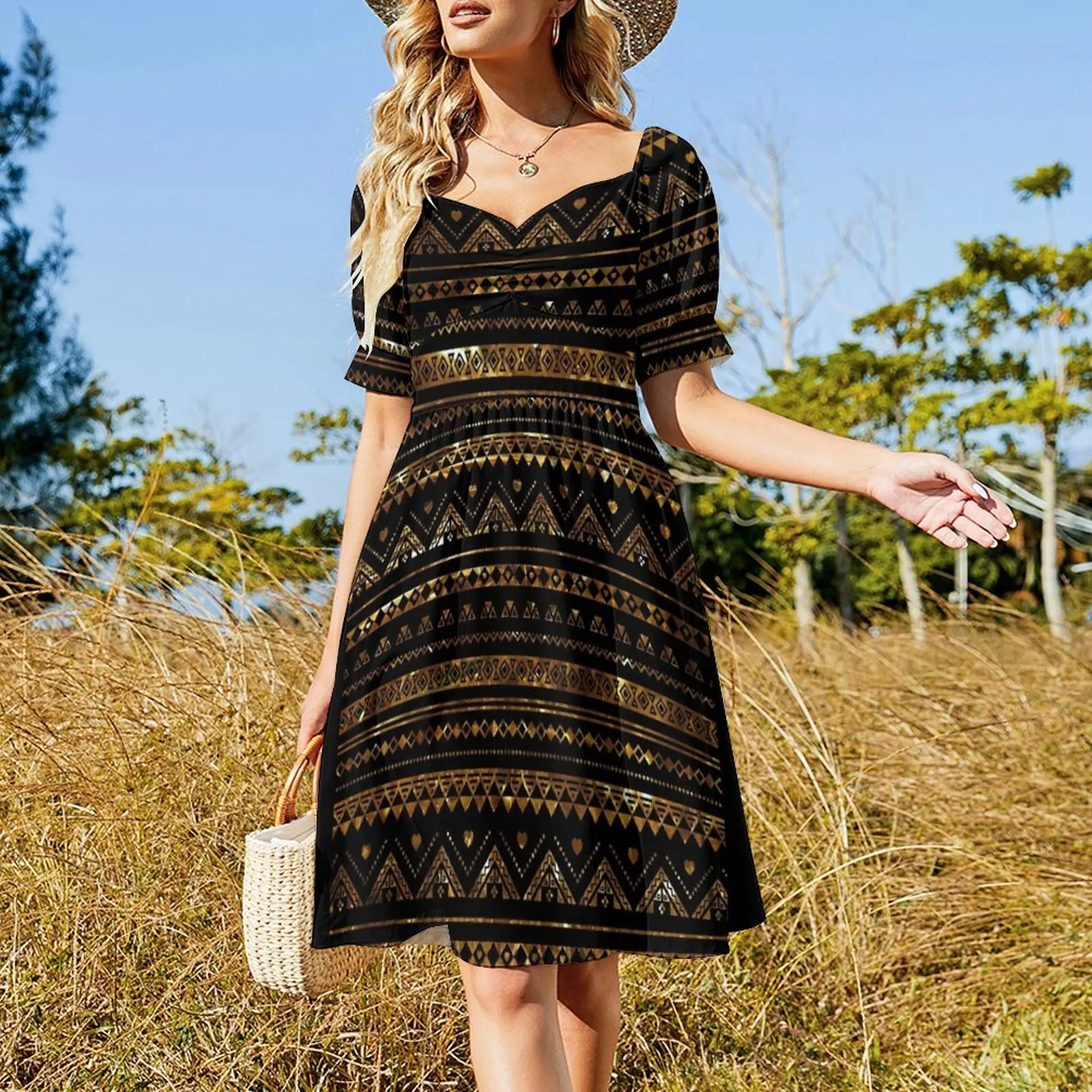 Aztec Black Tinsel Gold Short Sleeved Dress birthday dresses for women clothes Dress