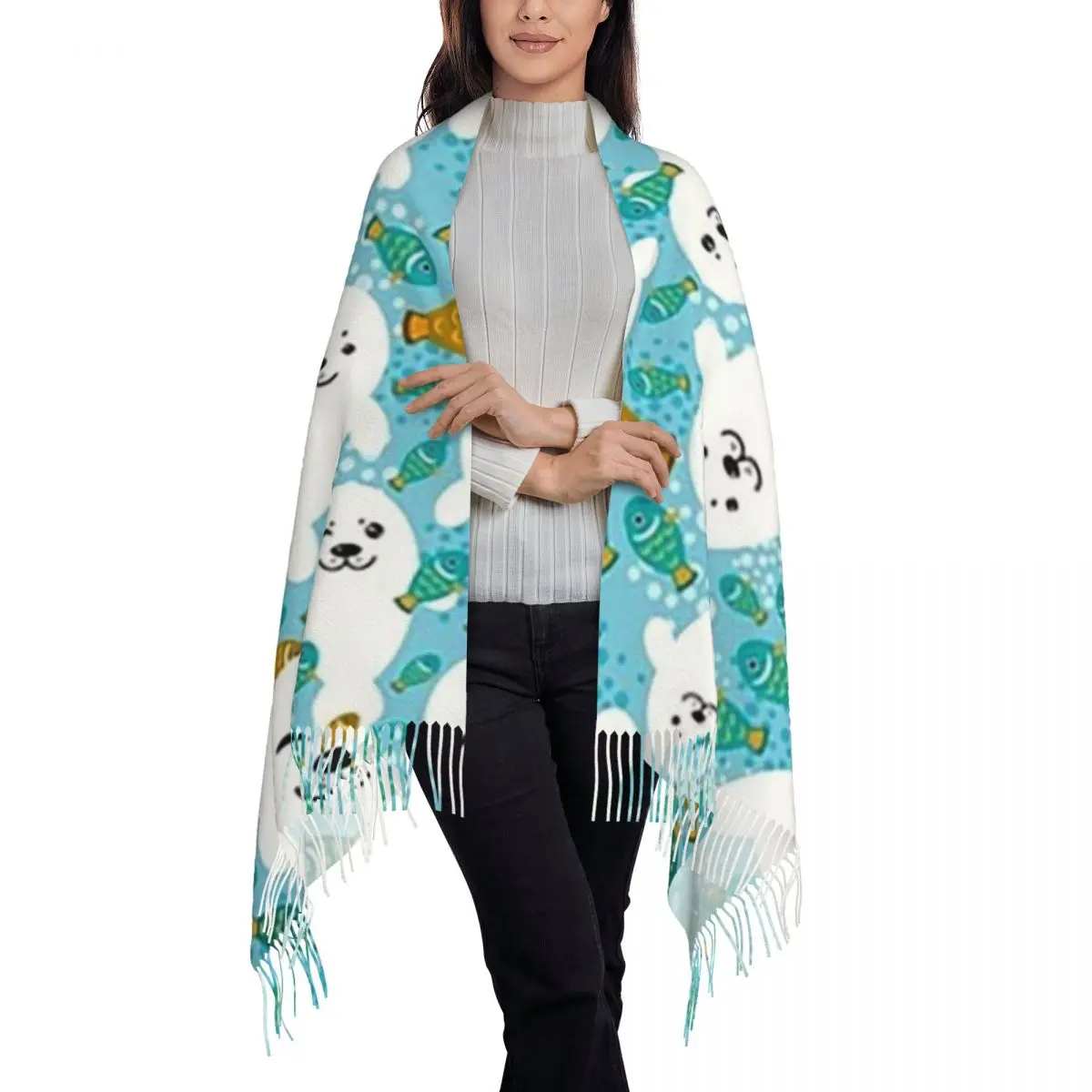 Kawaii Cute Seal And Fish In Water Scarf Tassel Scarves for Women Soft Warm Shawls and Wraps Large Fall Winter Shawl Wrap