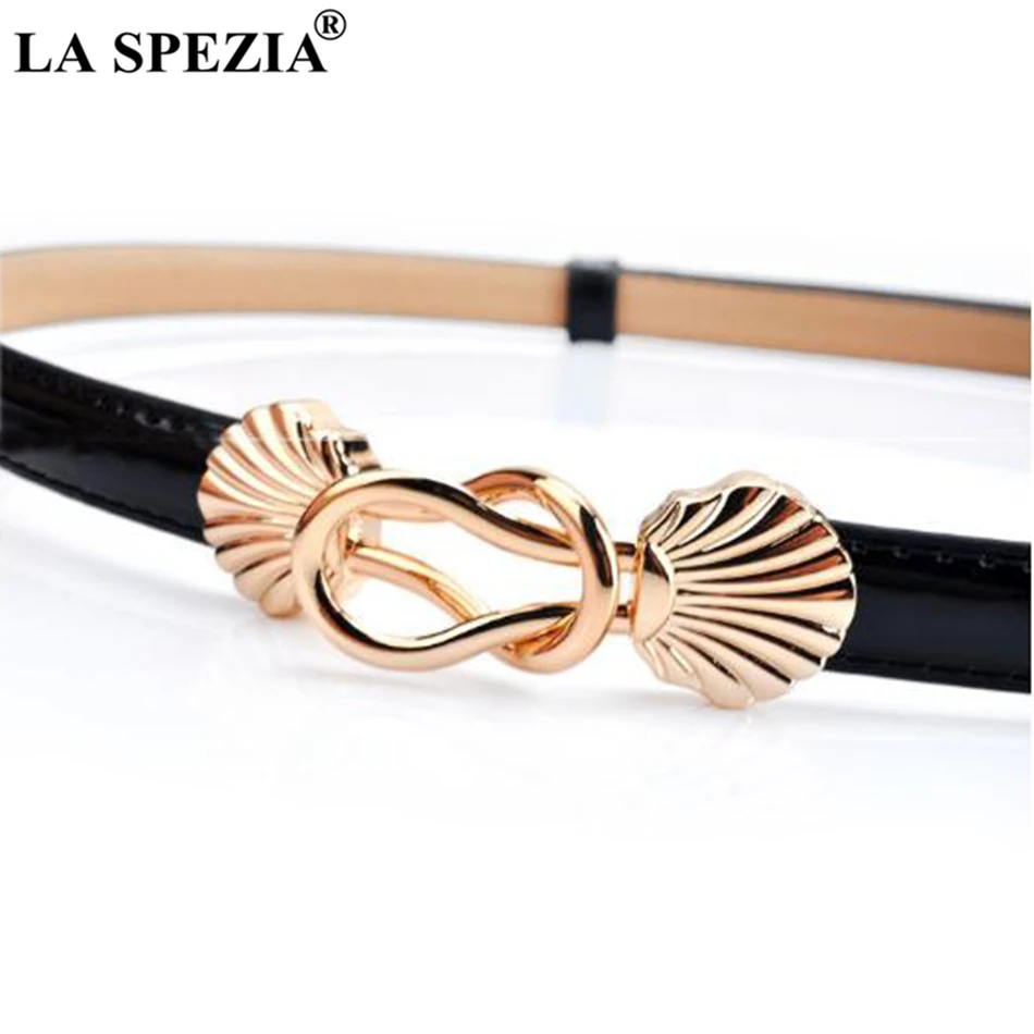 LA SPEZIA Thin Women Belt Double Buckle Blue Ladies Dress Belts Fashion Real Leather Cowskin Female Brand Narrow Waist Belts