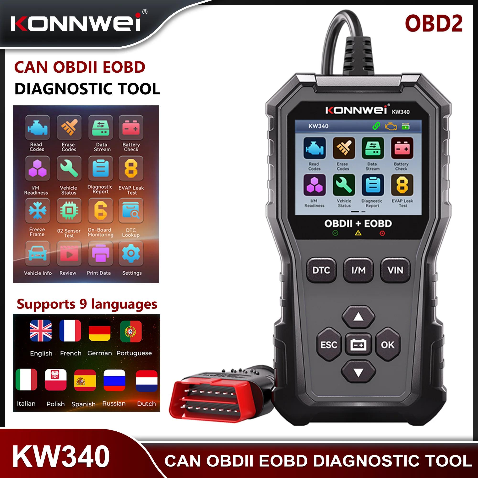 Outil de diagnostic automobile haut de gamme KONNWEI KW340 2026 OBD2, test de batterie moteur, lecture et effacement des codes de défaut, données en temps réel, scanner automobile noir