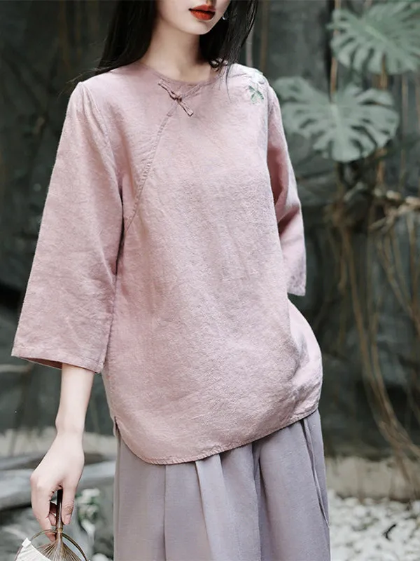 

New Chinese Style Embroidered Cotton Linen Women's Shirt Summer Loose Elegant T-Shirt Comfortable Breathable Casual round Neck