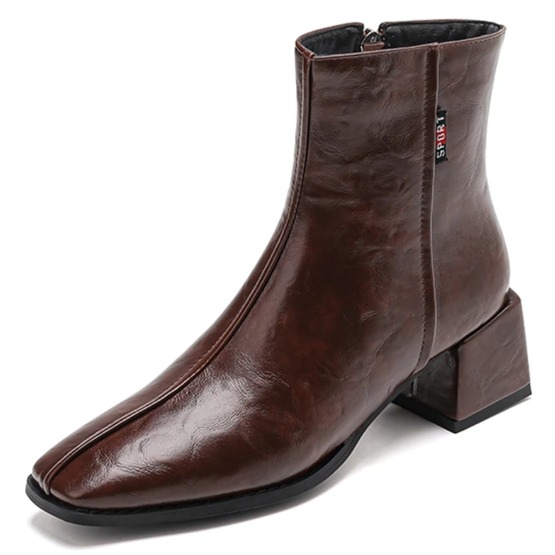 

Удобные женские ботильоны, осенне-зимняя обувь, короткие ботинки в стиле вестерн, черно-коричневая обувь на низком каблуке с квадратным носком