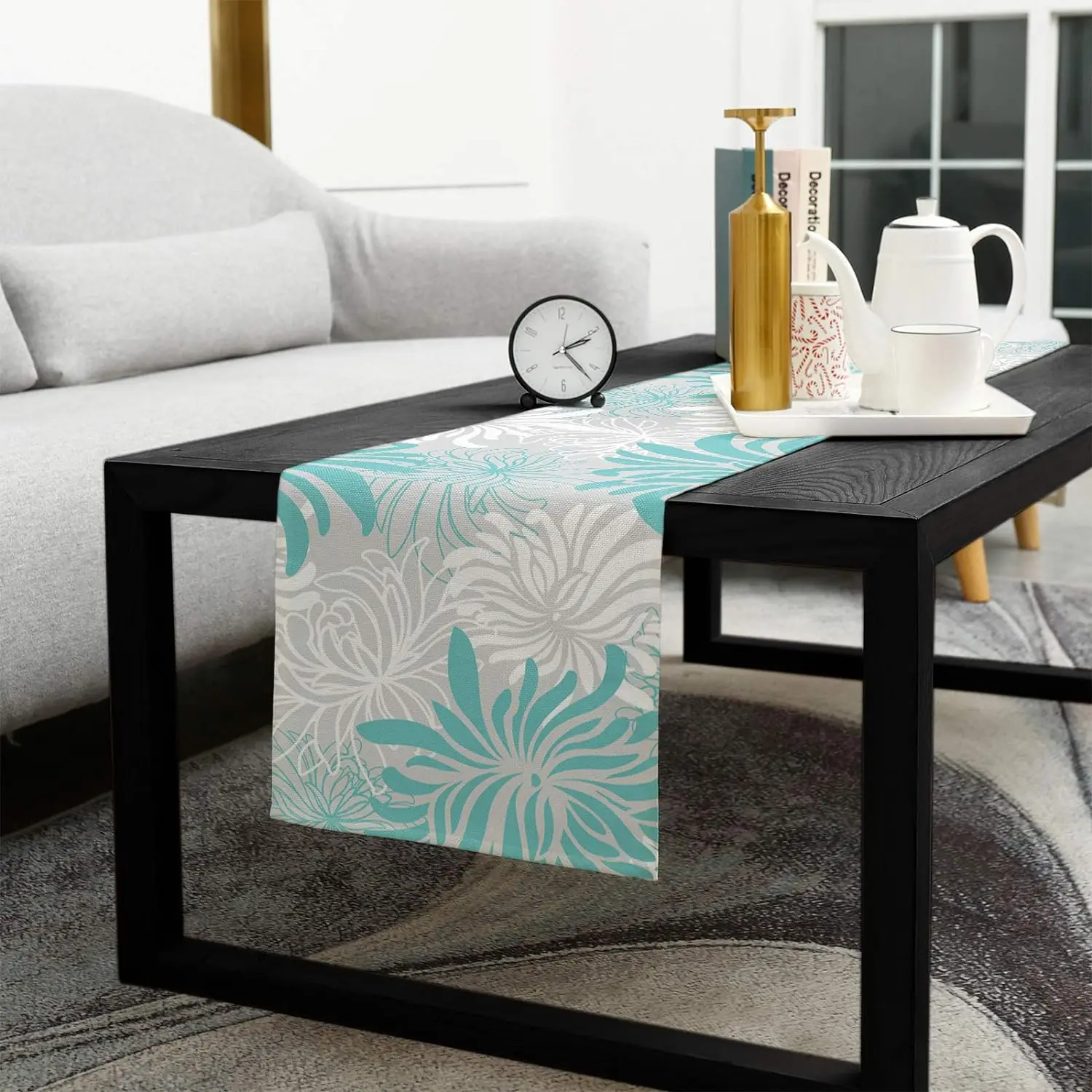 Aqua Chrysanthemum Flowers Linen Table Runners Dresser Scarves Table Runners Farmhouse Dining Table Runners Party Decorations