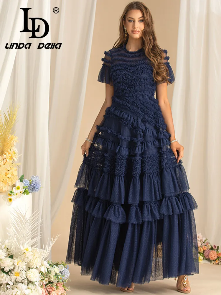 LD LINDA DELLA Autumn Women's Ball Gown Dress Edible Tree Fungus Edge Short-Sleeved New Fashion Big Swing Dresses