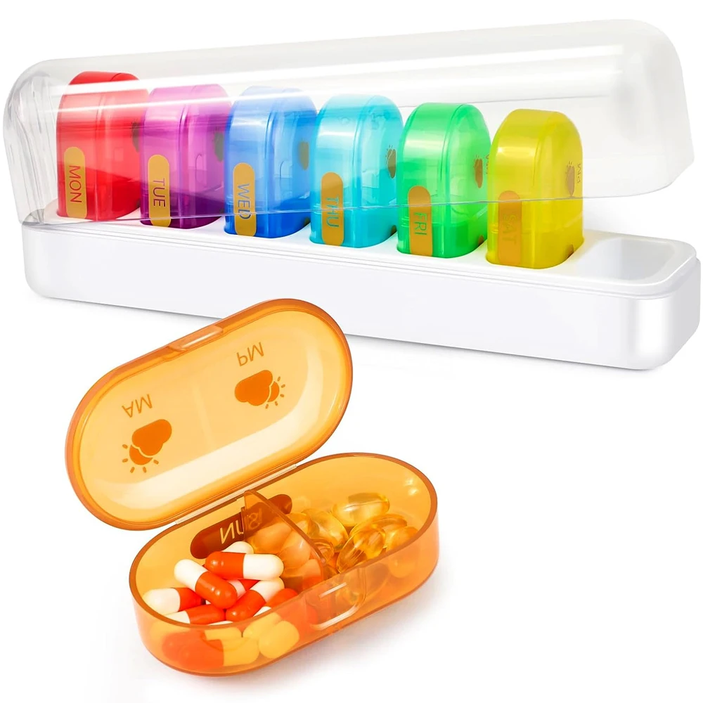 7 Day Rainbow Pill Organizer Detachable AM PM Pill Box Weekly Medicine Case For Vitamin Fish Oil Travel Storage