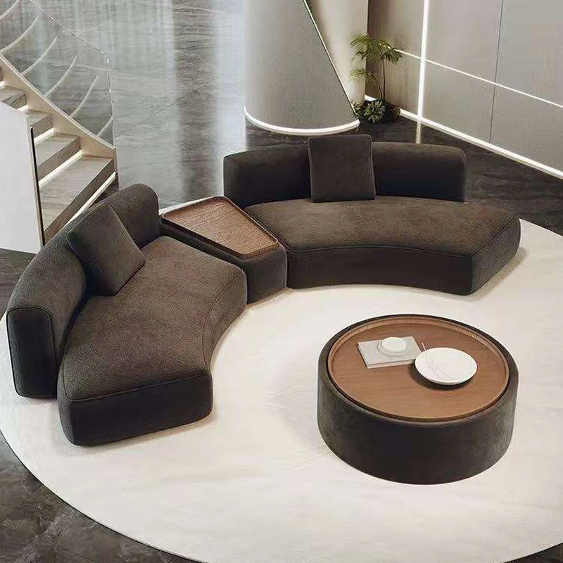 &c Modern Round Brown Boucle Fabric Semi-Circular Sectional Sofa Set Curved Design for Home Furniture