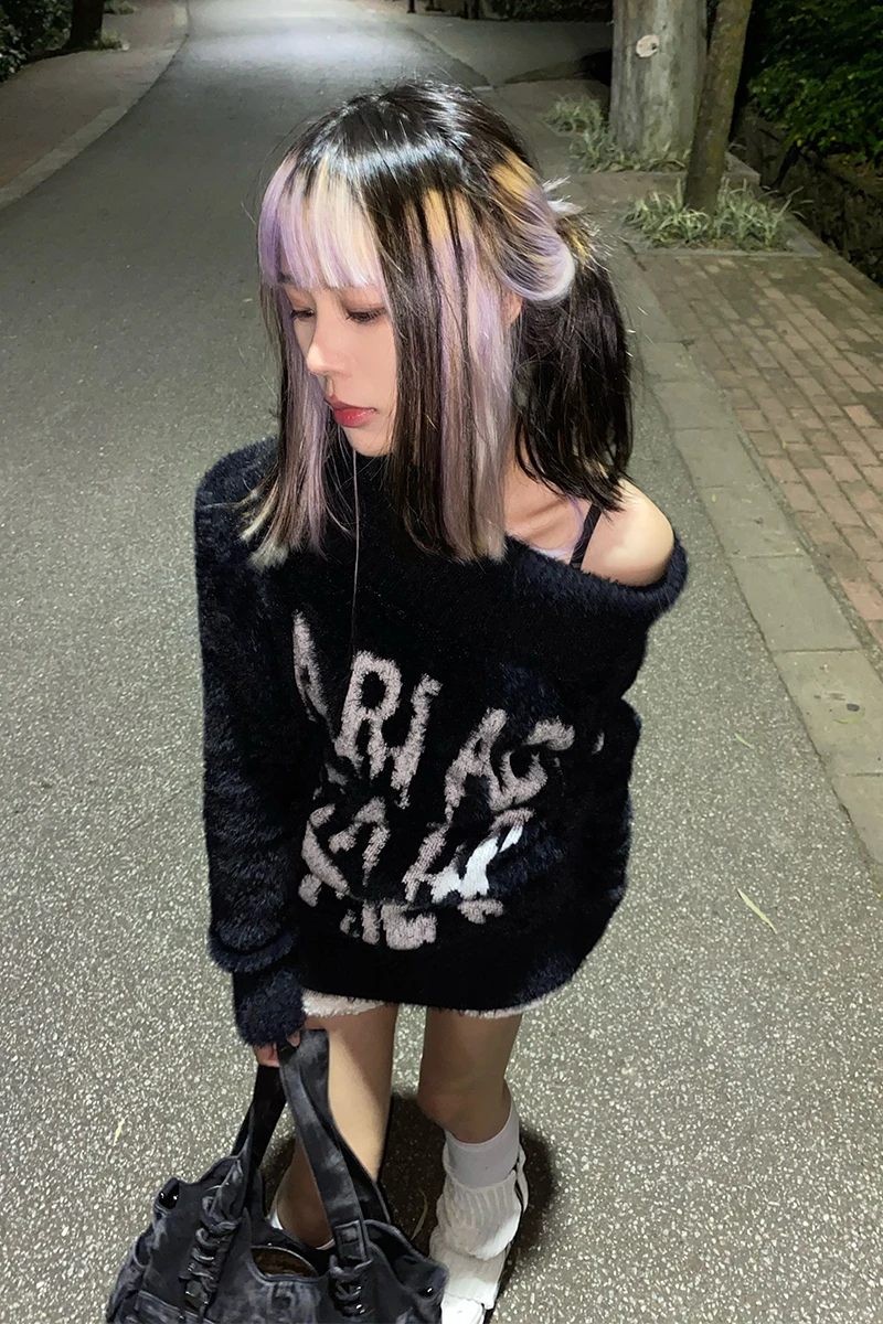 Japanese Harajuku Women Sweater Loose Slash Neck Thick Sweater Letters Black Punk Subculture Gothic Hot Girl Jumpers Sweaters