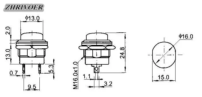 6Pcs 16mm R13-507 Momentary Push Button Switch 2Pin 6A/125V