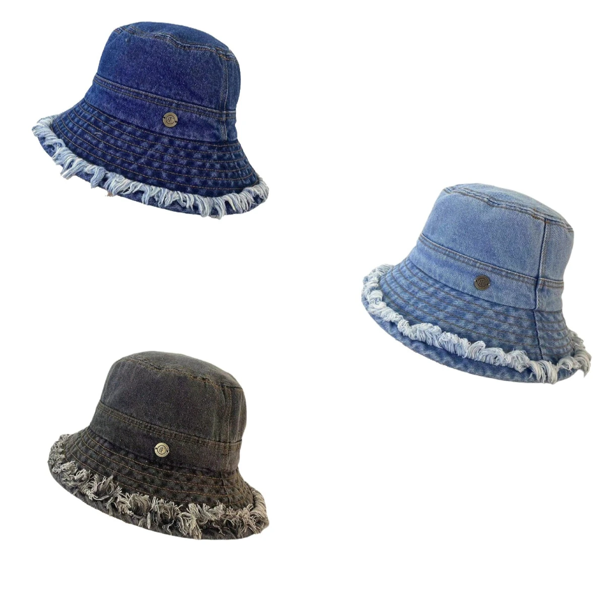 

Woman Washed Denim Fisherman's Hat Vintage Distressed Edges Basin Hat Classic and Versatile Metal Small Label Design Bucket Hat