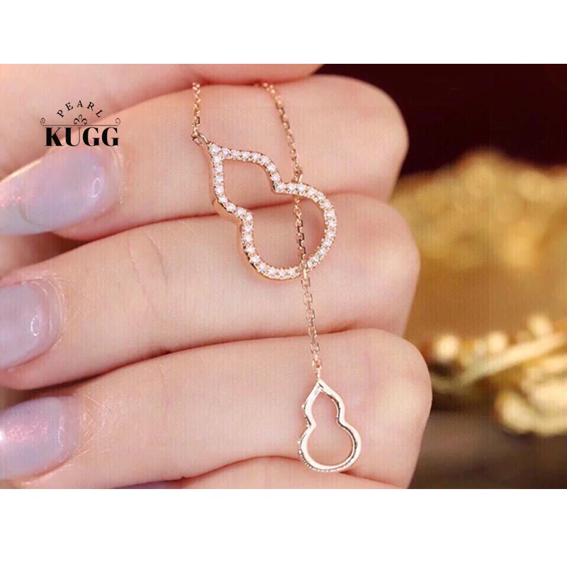 KUGG 100% 18K Rose Gold Necklace Luck Gourd Design 0.20carat Real Natural Diamond Pendant Necklace for Women Wedding Jewelry