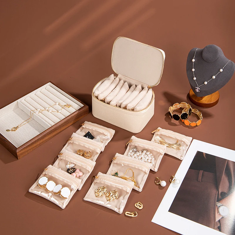 حقيبة تنظيم مجوهرات السفر، حقائب المجوهرات لتخزين المجوهرات مع 8 أكياس مخملية شفافة بسحاب للسفر والأقراط #3