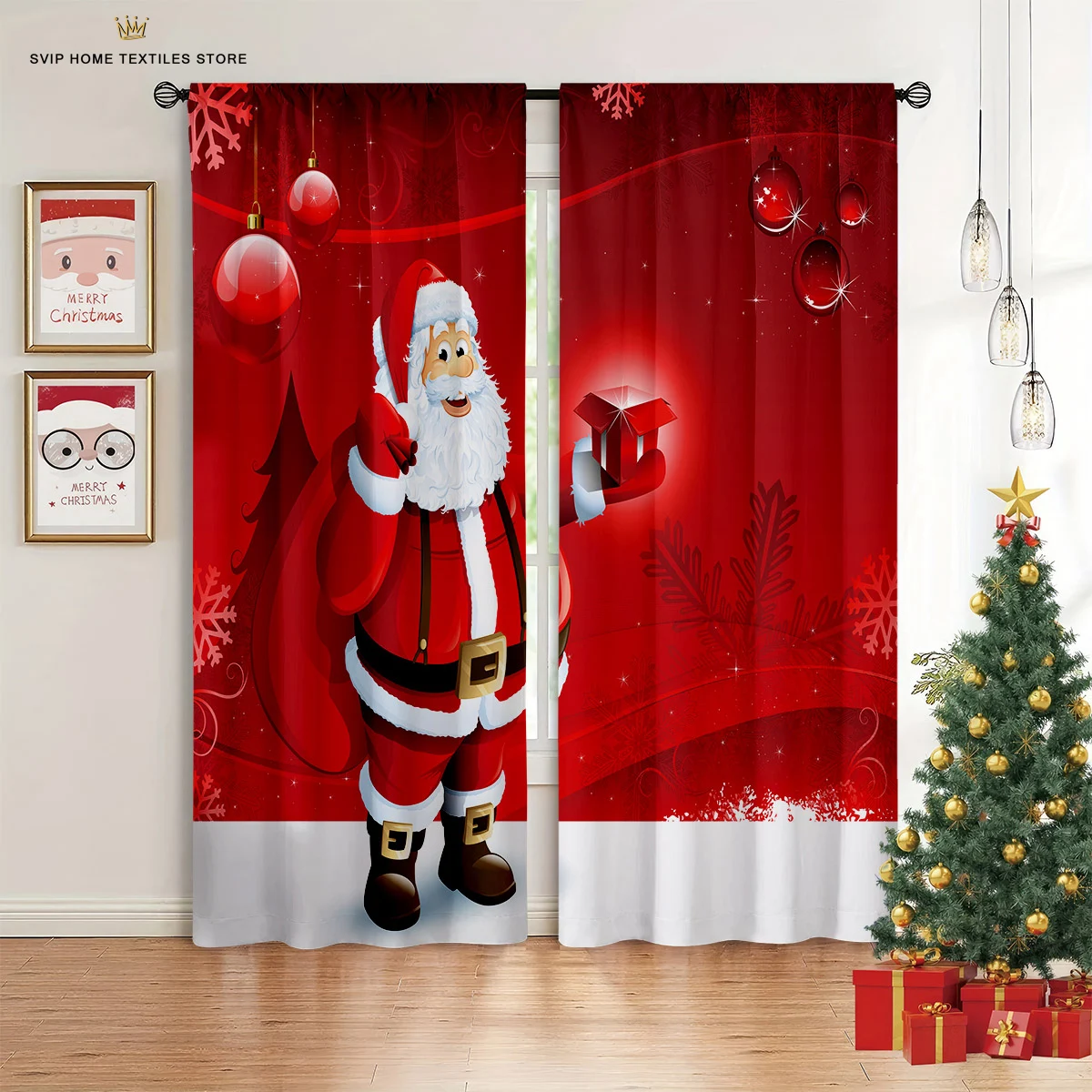 Children's Favorite Cartoon Christmas Santa Curtains, 2 Panel, Boys, Girls Room, Bedroom, Living Room, Balcony Decor