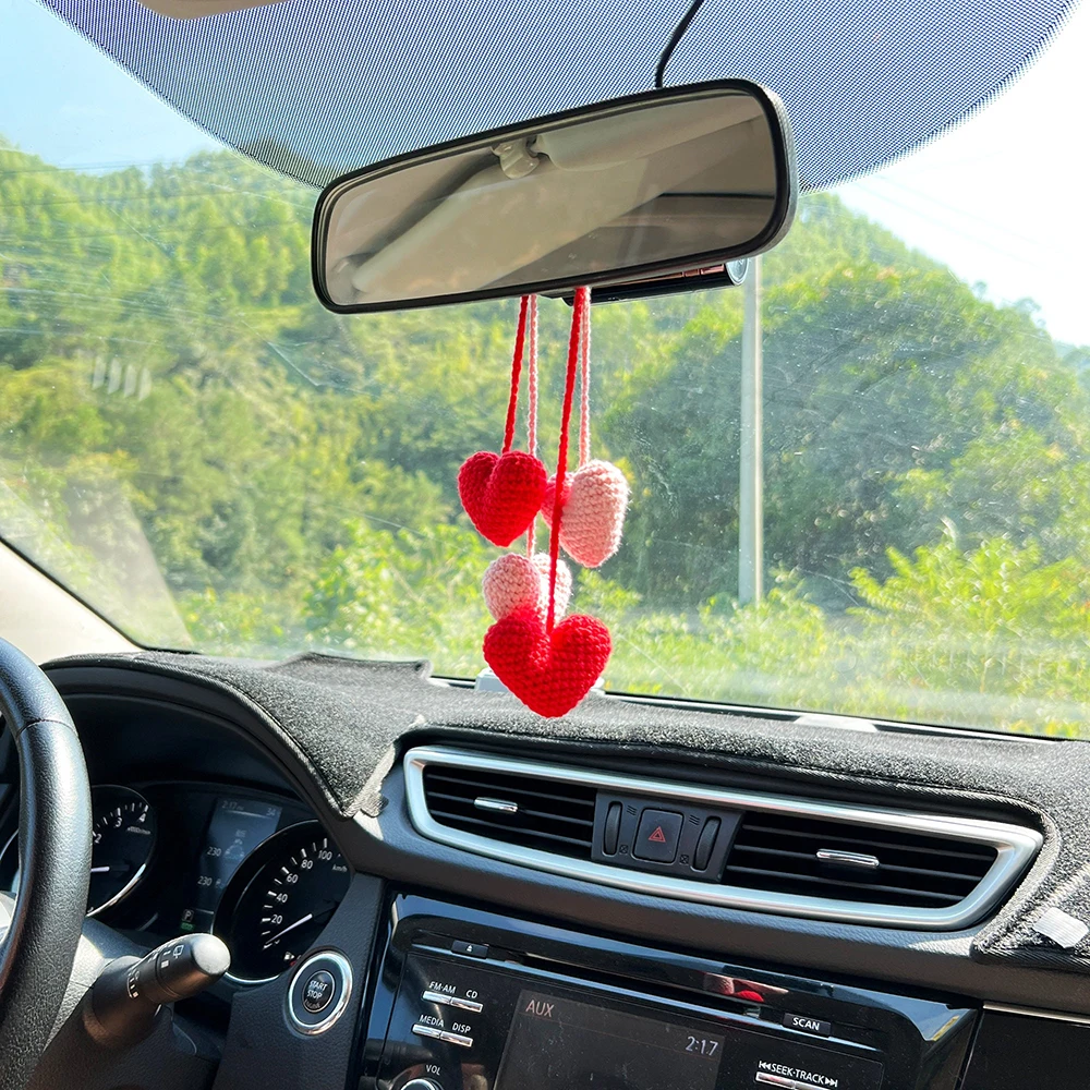 Heart Car Rear View Mirror Accessory Styling Crochet Red Pink Heart Hanging Decor Gadgets Interior Accessories For Women