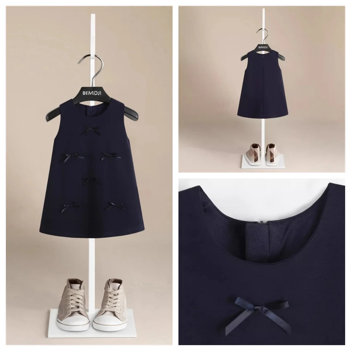 

Autumn New Navy Fashion Sleeveless O-Neck Bow 2-7 Years Girls A-Line Dress 1 Pc Korean Version Pleated Kids Casual Clothing