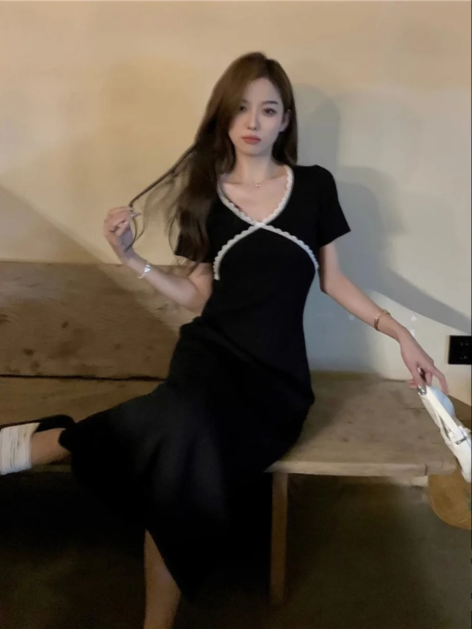 

Hebe Style Knitted Little Black Dress Women Summer New Sweet Atmosphere Splicing Color Collision Miniature First Love Dress