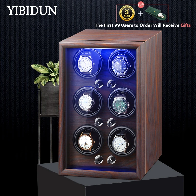 IBBETON Brand Mechanical Automatic Watch Winder Luxury Wood Watch Box with LED Light and Lid Sensor Watches Storage Safe Box