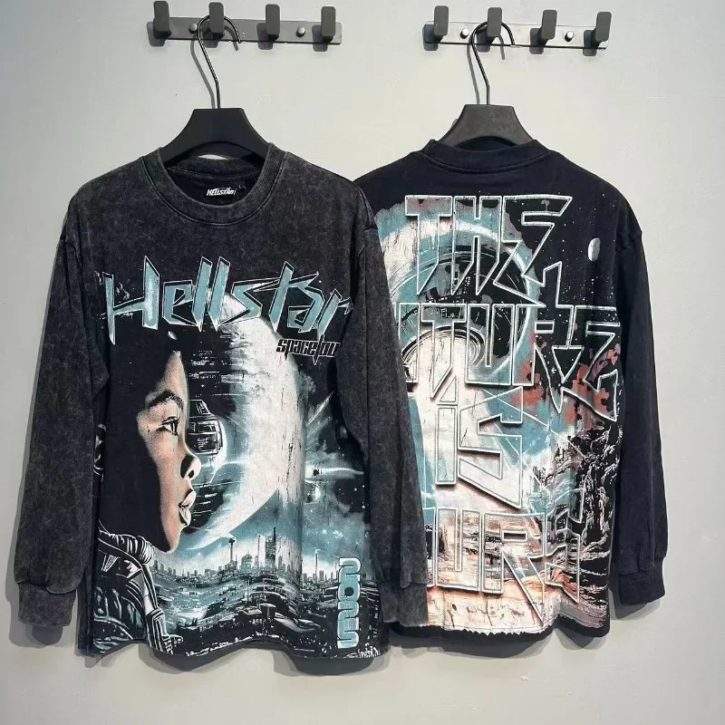 Hellstar Vintage Graphic Print Couple Fall New High Street Casual Versatile Long Sleeve Tee Unisex Men Women