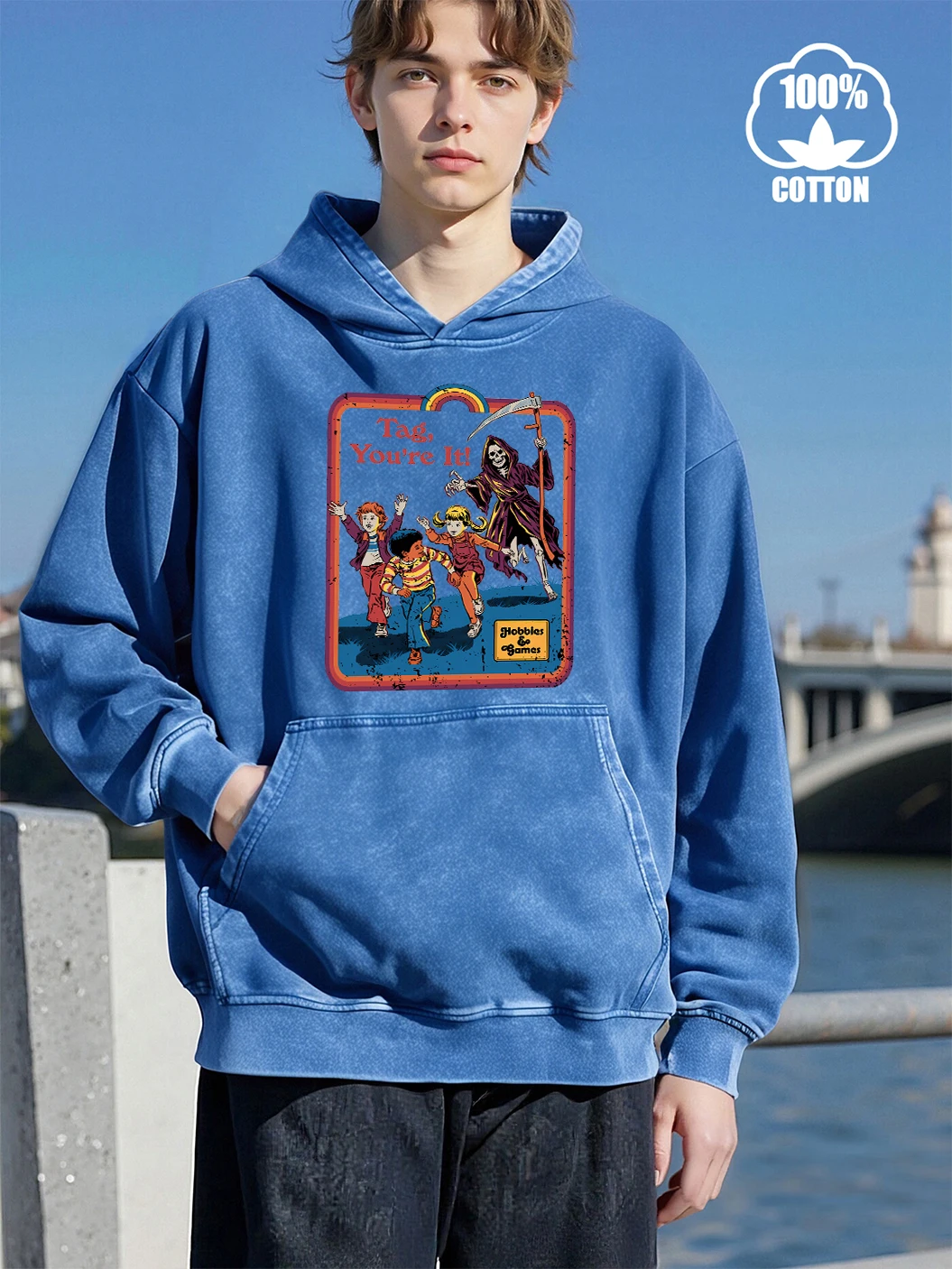 The Child Chased By The Skeleton Print Men Washed Sweatshirt Hip Hop Loose Streetwear Cotton Comfortable Hoody Soft Autumn Tops
