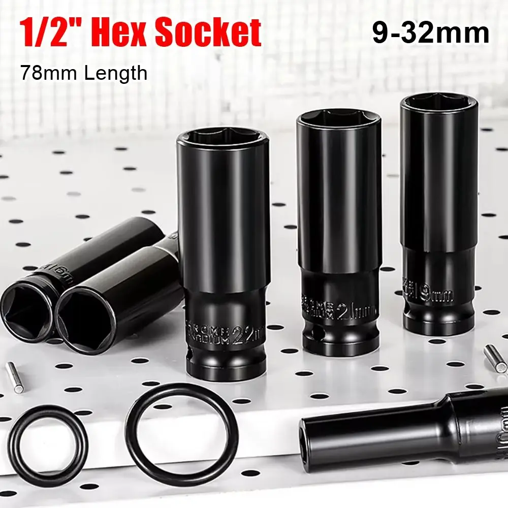 

1Pcs Spanner Converter Reducer 1/2" Hex Socket 9-32mm Electric Hex Standard Impact Wrench Drive Socket 78mm Length Black