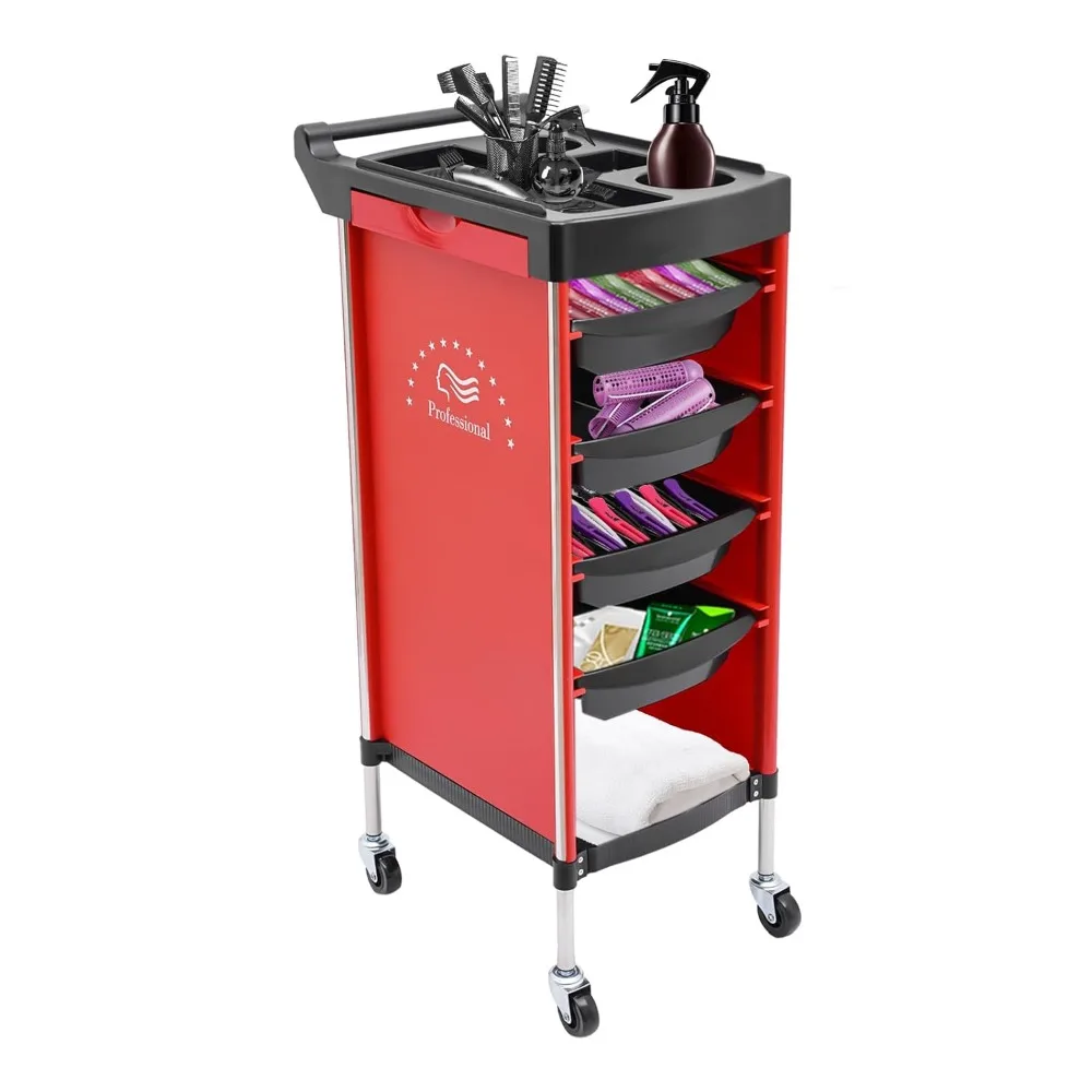 6 Tier Beauty Salon Cart with Wheels Multi-functional Salon Trolley Carts W/Drawers Rolling Cart for Salon Stations (Red)