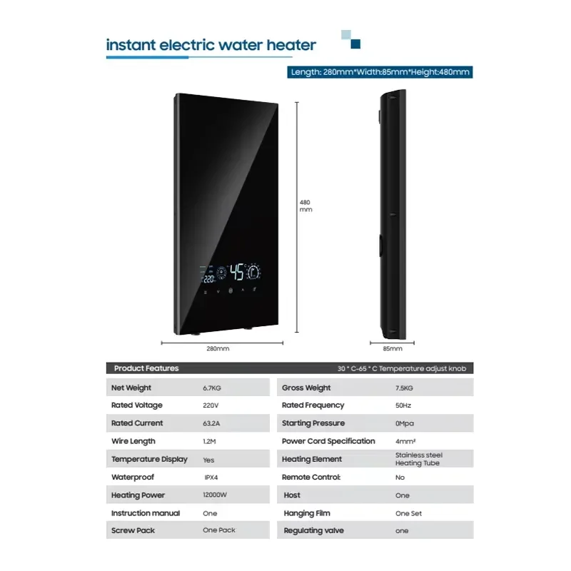 8kW-12kW Tankless Instant Electric Water Heater LED Display IPX4 Bathroom Shower Home Smart Geyser OEM Factory
