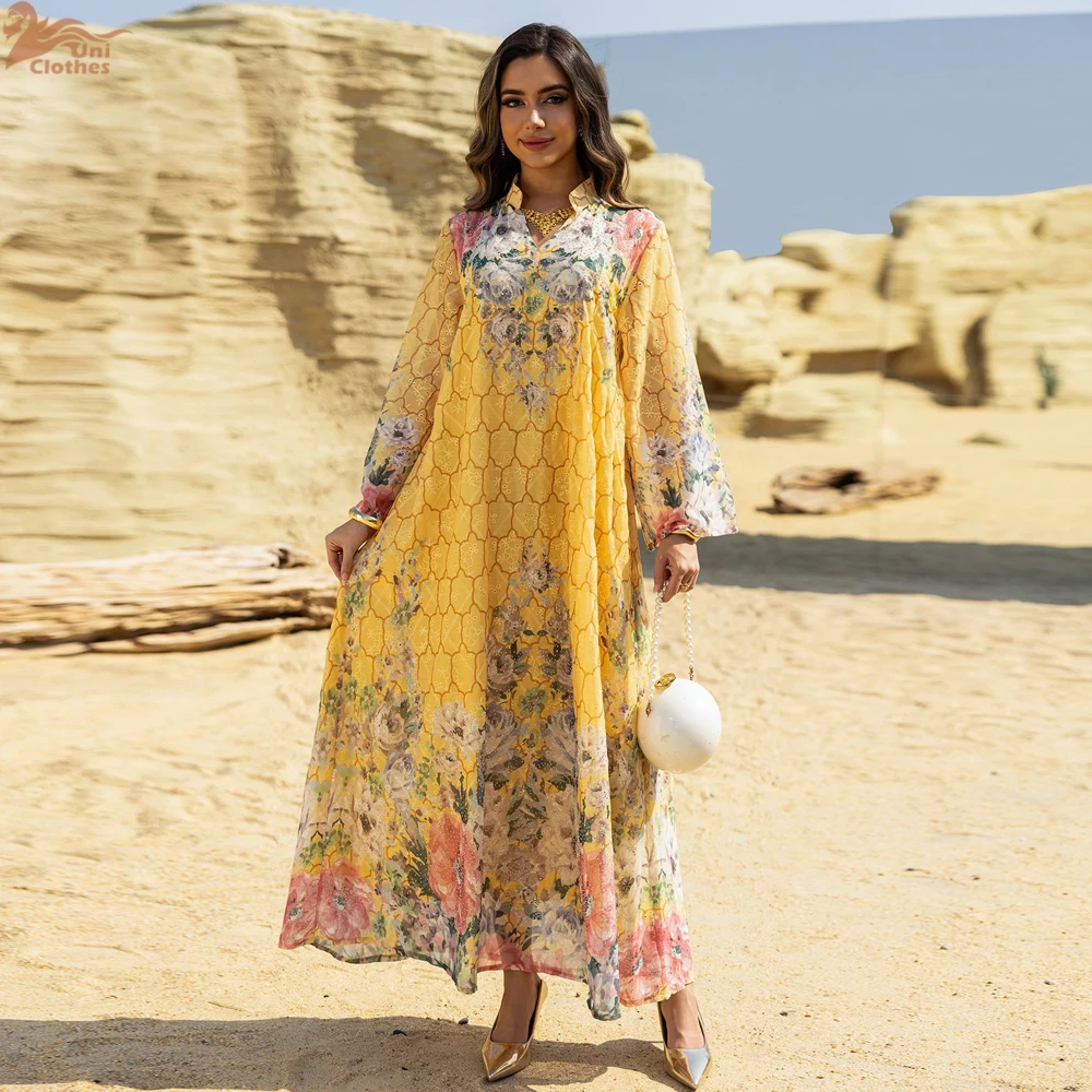 Uni dubaï impression florale luxe femme soirée Maxi robe Abaya longues robes modestes femmes 2025