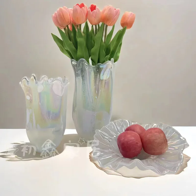 Nordic Pearlescent Glass Vase Hydroponic Flower Arrangement Green Plant Container Living Room Home Decor Ornament Modern