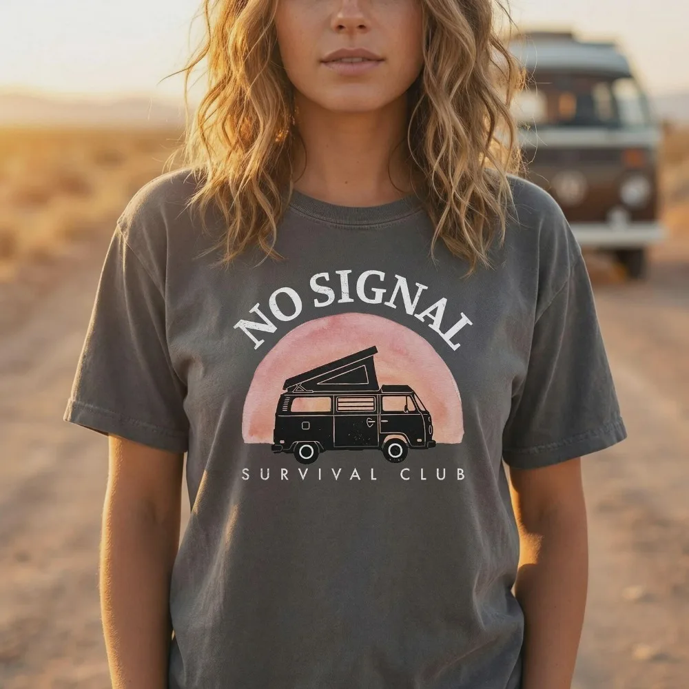Camiseta No Signal Survival Club, camiseta gráfica Granola Girl, camisetas Van Life para mujer, camiseta de gran tamaño a la moda, camisetas de algodón de alta calidad